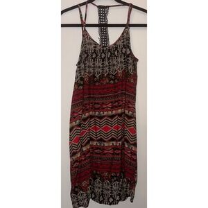 She Sky Bohemian Aztec Print Crochet Back Tank Dress Womens Small Red Black Tan